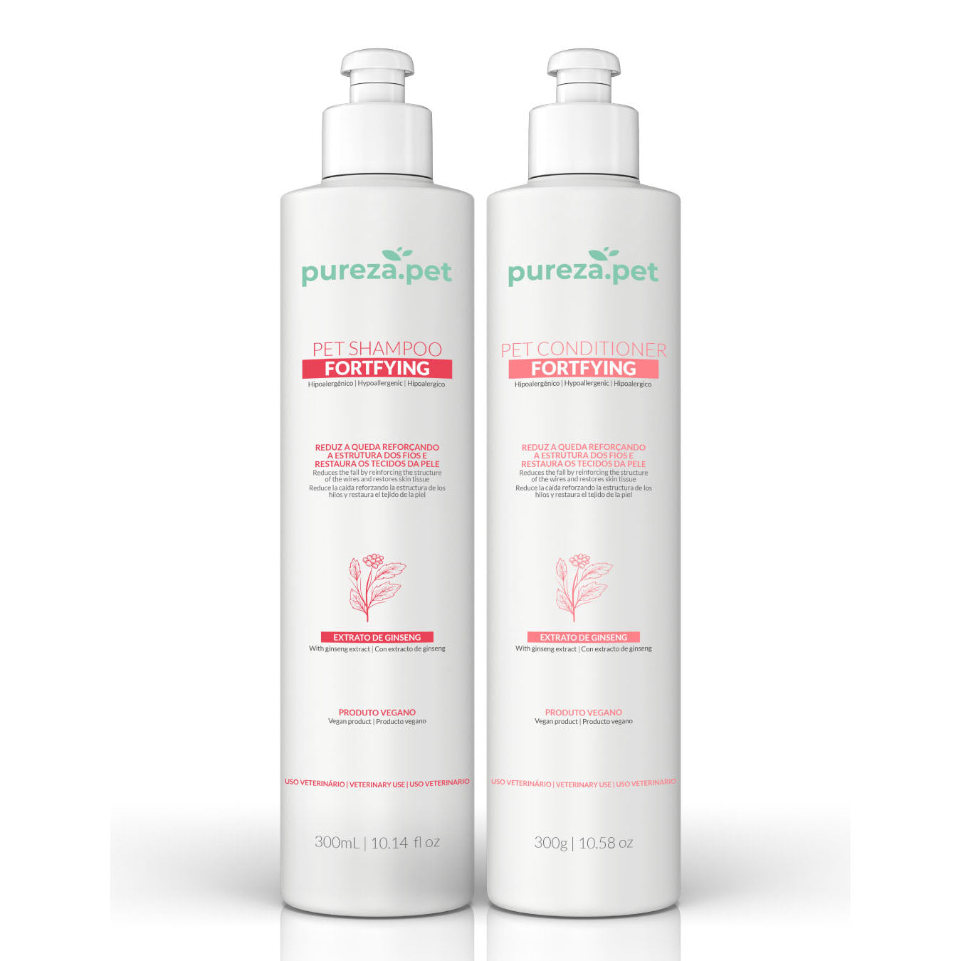 Two bottles of pet shampoo and conditioner from the Pureza brand, each with a capacity of 300ml, designed for coat fortification.